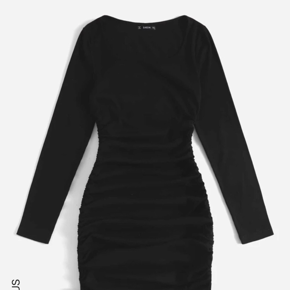 Black Drawstring Side Ribbed Knit Dress
